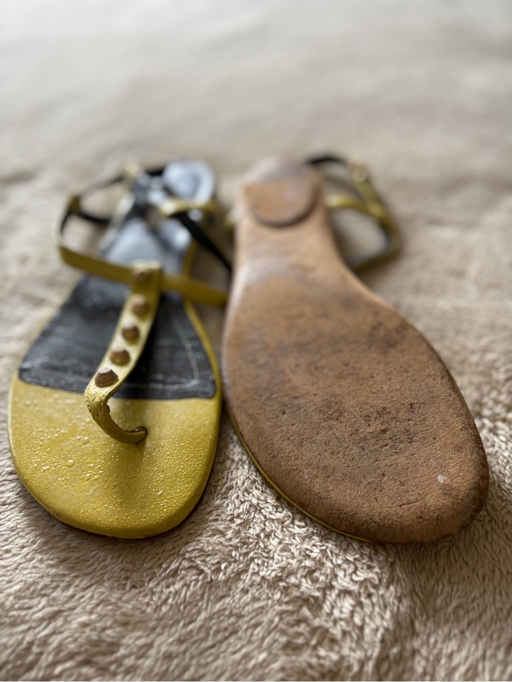 Balenciaga Yellow T-Strap Studded Sandals